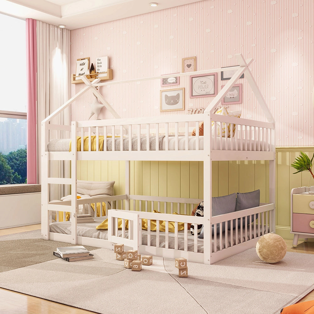 Letto a castello per bambini - Xylo - 140x200 cm - Bianco - Design in legno massello con scala