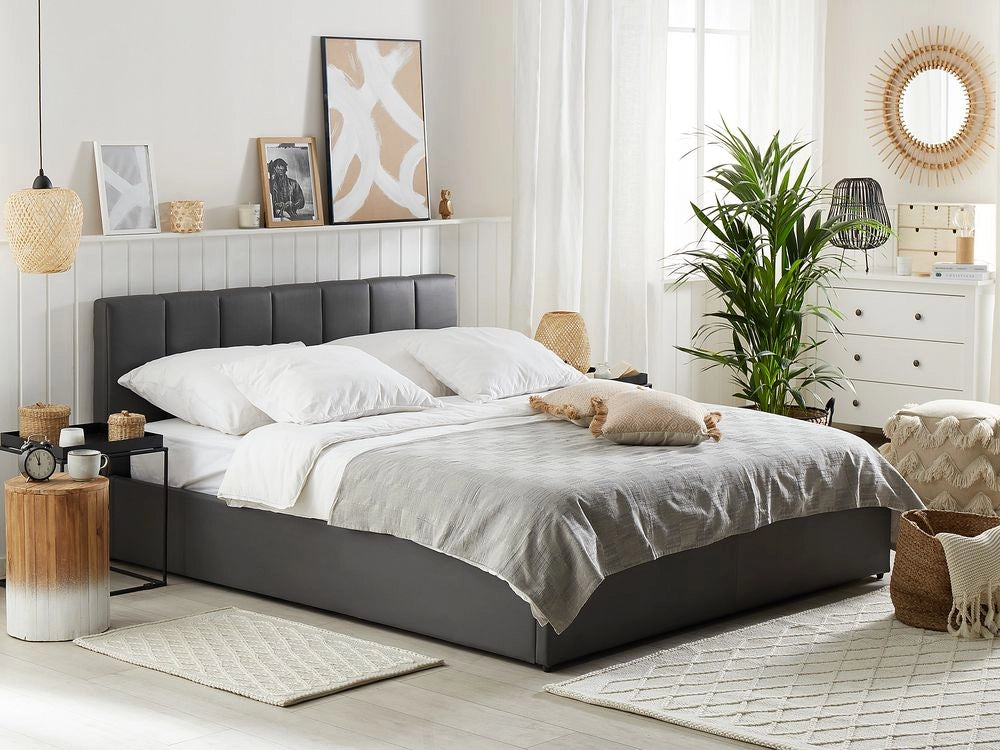 Letto contenitore Rivestimento in ecopelle grigia 180 x 200 cm con testiera a doghe