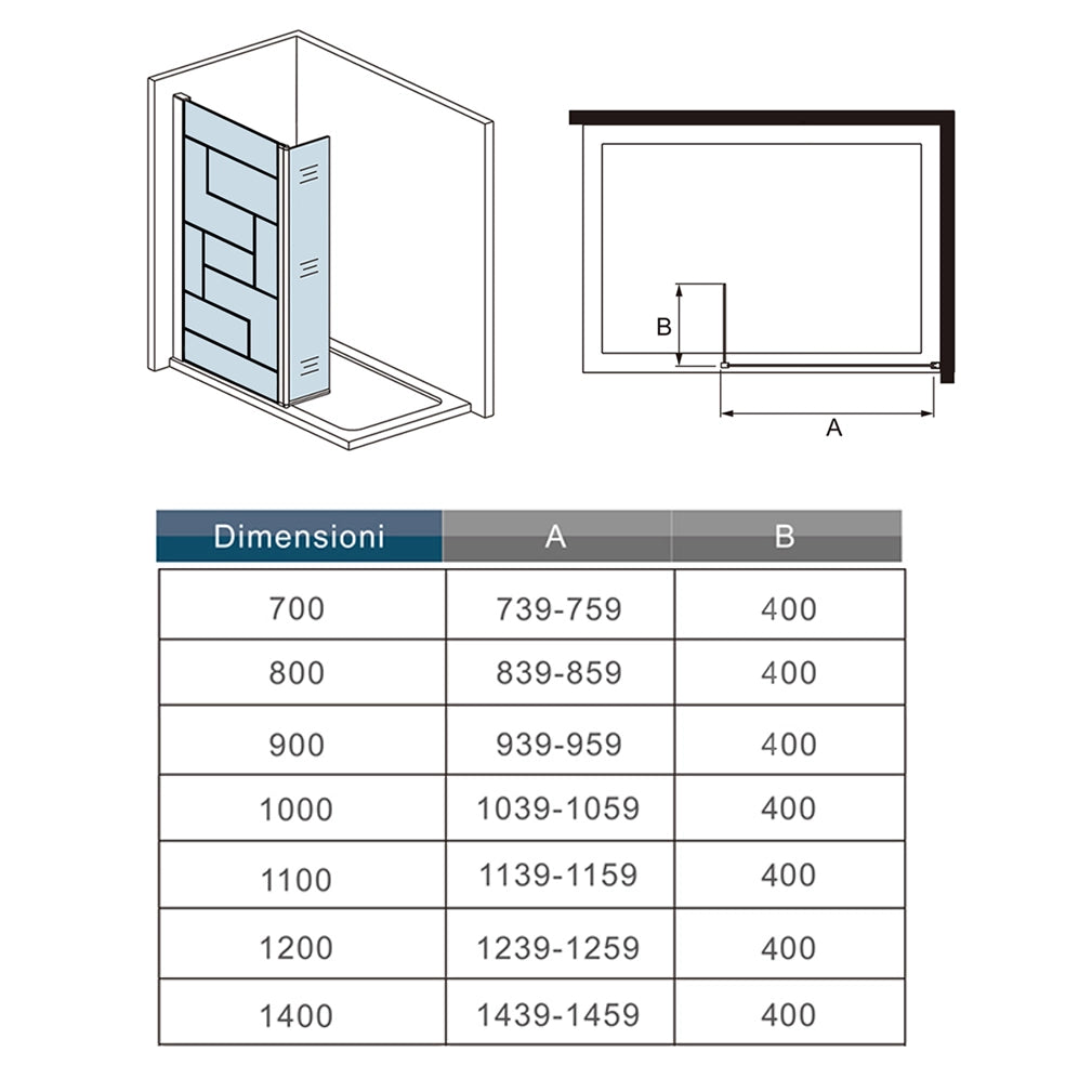 Box Doccia Walk in 110x200cm Parete Fissa 70cm + Paretina 40cm Vetro 8 mm Temperato Anticalcare Serigrafato Nero Riquadri Barra Stabilizzatrice Piatta 90 cm