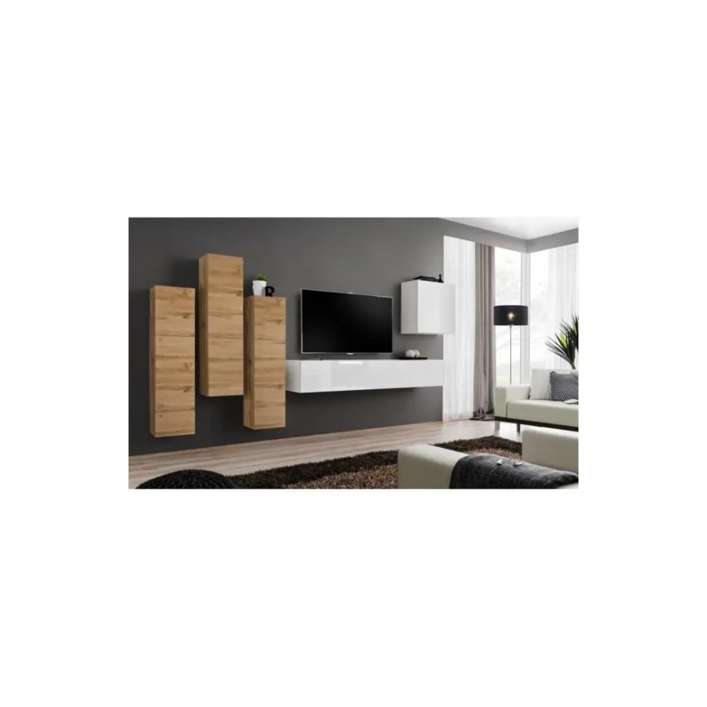 Set di mobili da soggiorno design collezione SWITCH III. Colori rovere wotan e bianco lucido.