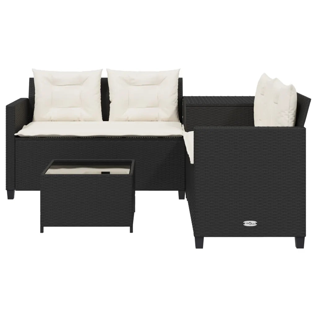 Divano da Giardino con Tavolo e Cuscini a L Nero in Polyrattan 369027
