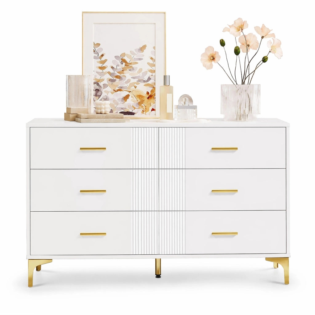 Com¨° moderno bianco con 6 cassetti, struttura in MDF, design rigato, 120 x 40 x 76 cm