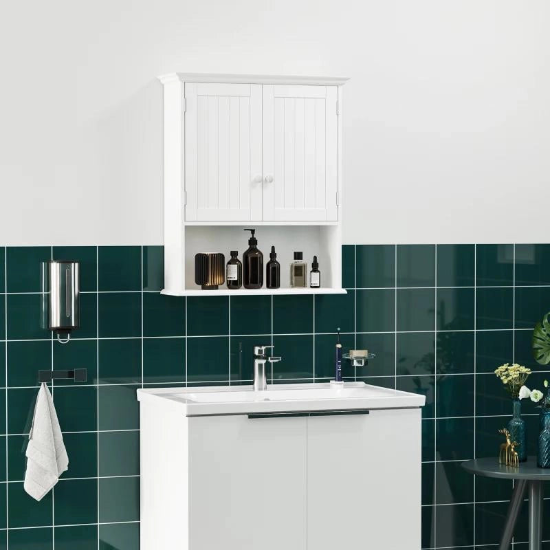 MOBILE BAGNO SOSPESO CON ARMADIETTO A 2 ANTE E RIPIANO APERTO, MENSOLA INTERNA REGOLABILE, BIANCO