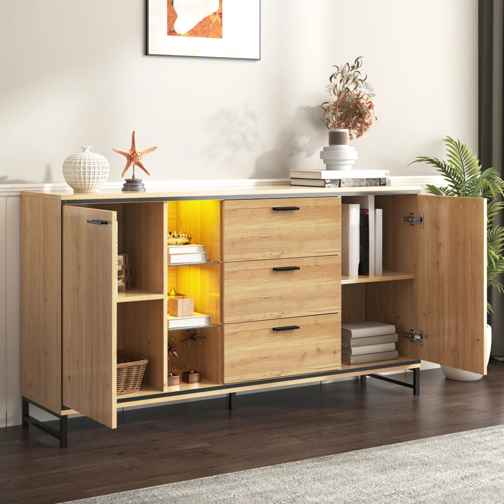 Credenza con 3 cassetti, ripiani regolabili e LED, per soggiorno, legno naturale e nero, 160 × 40 × 85 cm