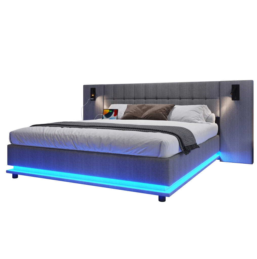 Letto imbottito 180x200 cm grigio con LED, USB e spot