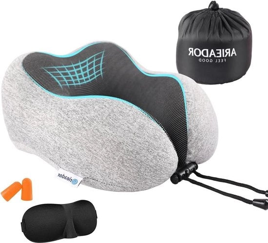 Cuscino di supporto ergonomico con maschera da sonno, auricolari e tasca - cuscino reclinabile a forma di U per adulti - ideale per viaggi aereo e auto (grigio chiaro)