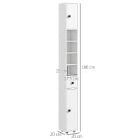 kleankin Mobile Colonna Bagno con Cassetto, 2 Armadietti e 4 Ripiani Aperti, in Legno, 20x20x180 cm, Bianco