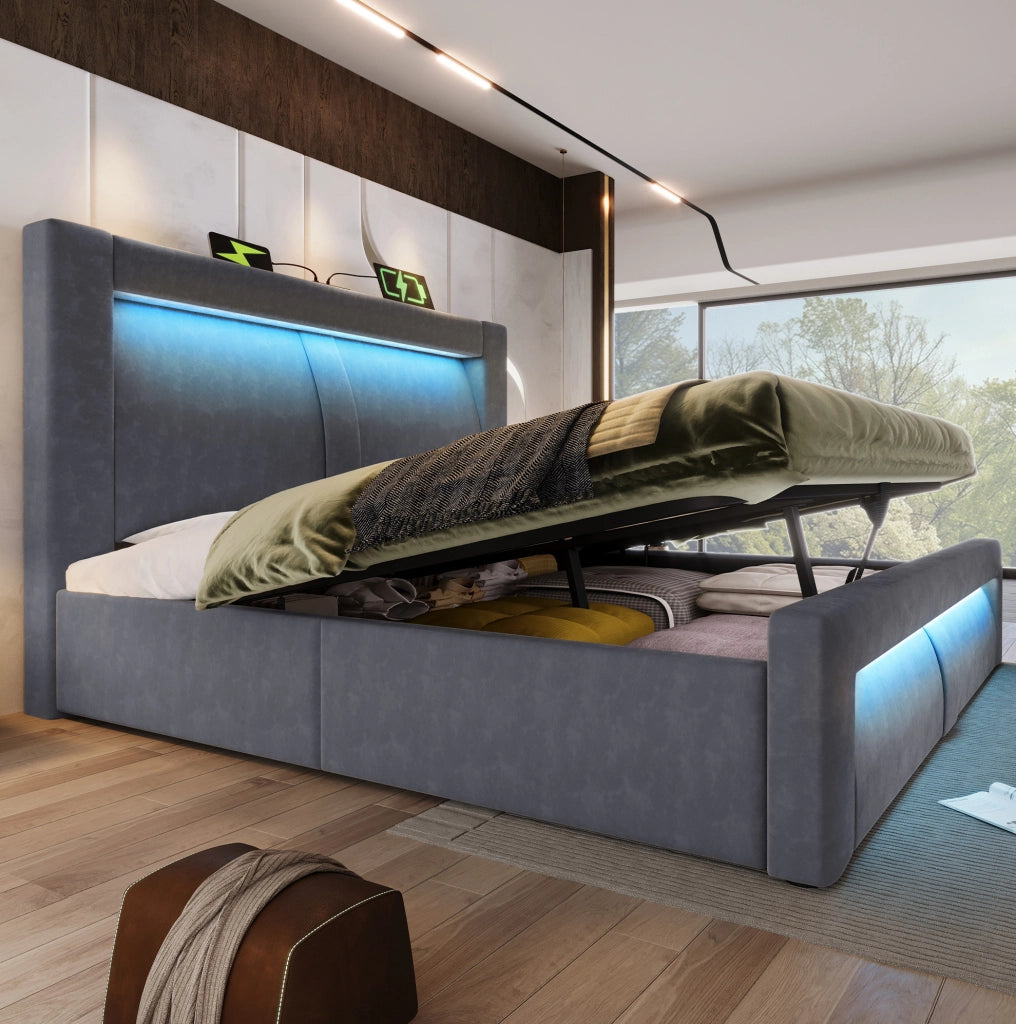 Letto matrimoniale 160x200 cm con contenitore; LED; ricarica USB e Type-C; velluto grigio