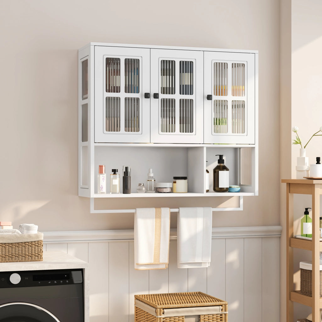 OKWISH Armadietto Bagno Sospeso con 3 Ante, 1 Vano Aperto e Portasciugamani, 88 x 26 x 82.5 cm