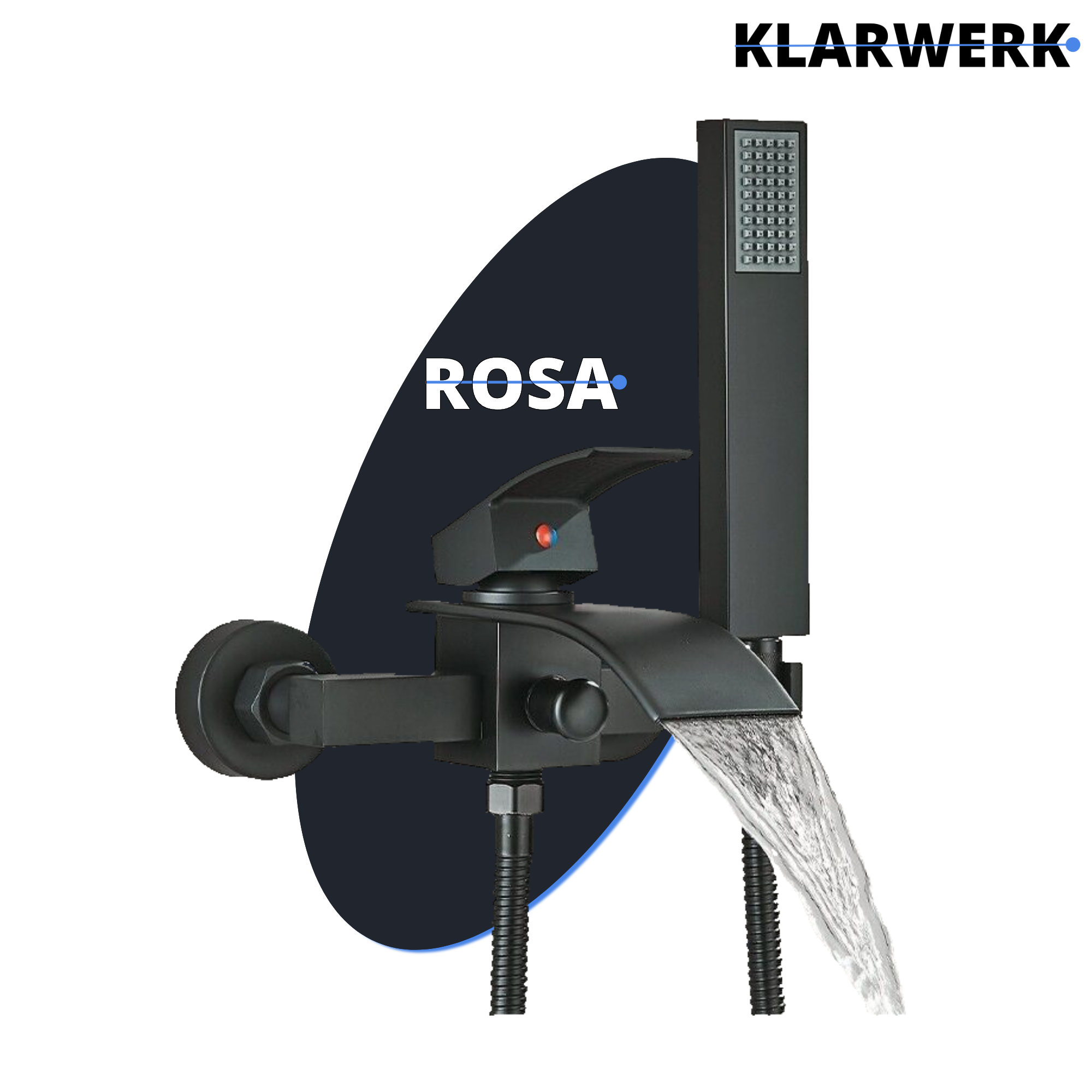 "ROSA" | Rubinetto per vasca da bagno a cascata Doccia nera|Acciaio inossidabile include doccetta e supporto|Set completo termostato vasca miscelatore