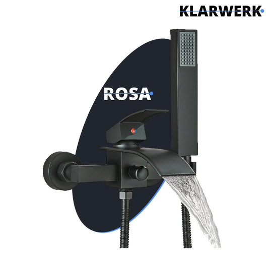 "ROSA" | Rubinetto per vasca da bagno a cascata Doccia nera|Acciaio inossidabile include doccetta e supporto|Set completo termostato vasca miscelatore