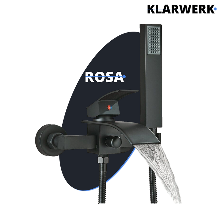 "ROSA" | Rubinetto per vasca da bagno a cascata Doccia nera|Acciaio inossidabile include doccetta e supporto|Set completo termostato vasca miscelatore