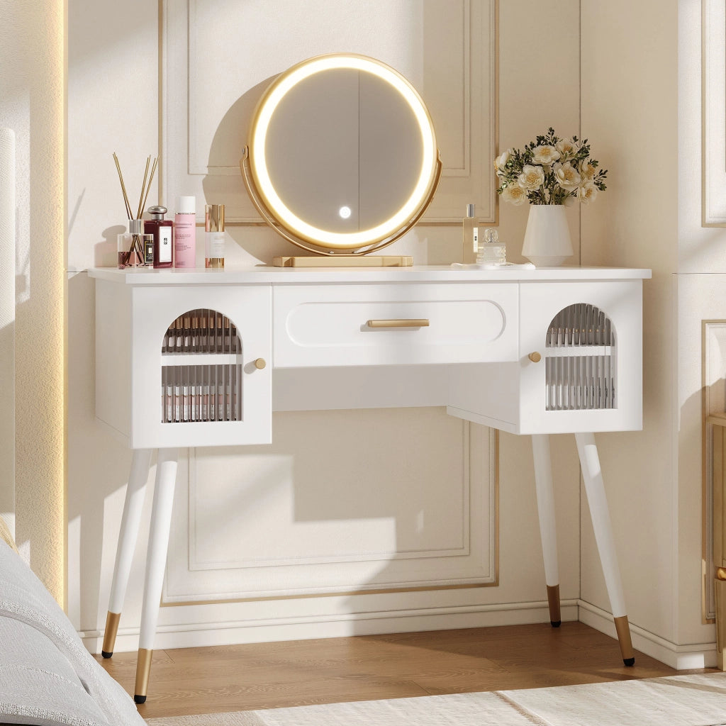 Toeletta con specchio LED; 1 cassetto e 2 ante; per camera da letto; 100×42×112 cm; bianco oro
