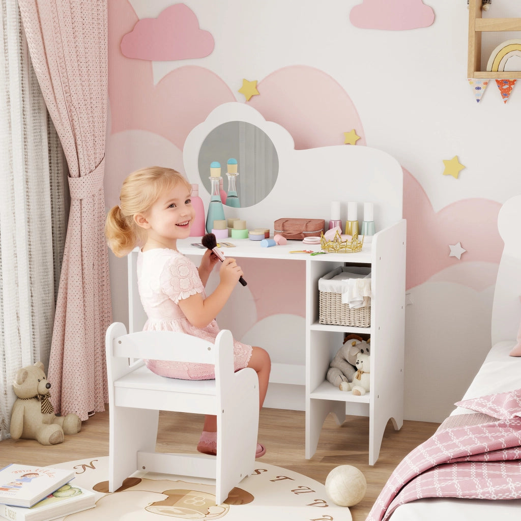 Scrivania Trucco Bambini 2 in 1 con Specchio Sgabello Scaffale ¨C Xylo ¨C Bianco