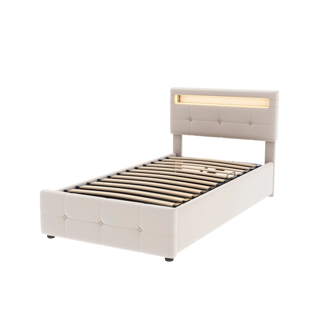 OKWISH Letto Contenitore 90×200 cm, Letto Singolo con LED, Contenitore Idraulico e Testiera Regolabile, senza Materasso, in Velluto, Beige