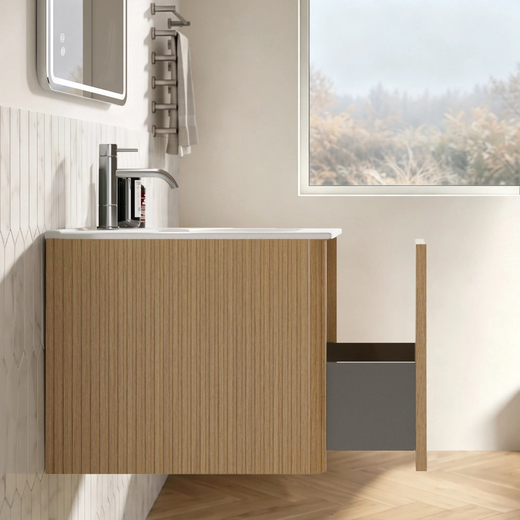 Mobile bagno con specchio; lavabo integrato e cassetto; LED regolabile antiappannamento; sospeso; in MDF rovere