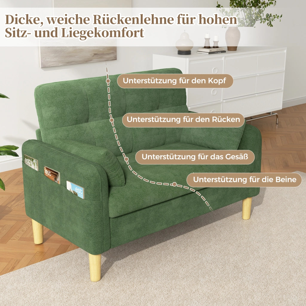 Divano a 2 posti in ciniglia con cuscini e tasca laterale, schienale alto e comfort per piccoli spazi, verde 119 × 78 × 85 cm