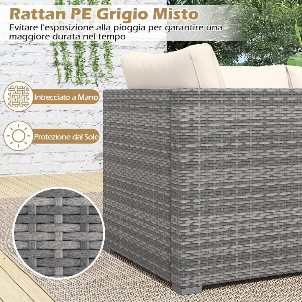 Set Divani da Giardino 3 Pezzi, Set di Mobili Salotto in Rattan PE con Cuscini Morbidi, Set Conversazione da Esterno per Veranda e Bordo Piscina (Bianco)