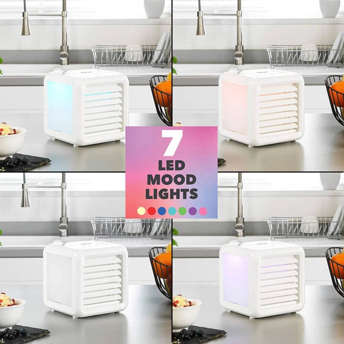 Mini climatizzatore portatile USB 7W con serbatoio 700 ml, 3 velocità e luci LED 7 colori, raffrescatore aria personale - Sogo