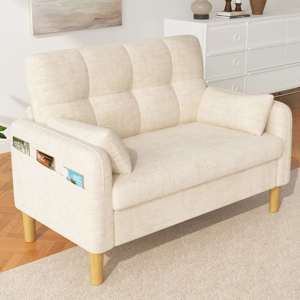Divano 2 posti in ciniglia beige con cuscini e tasca laterale