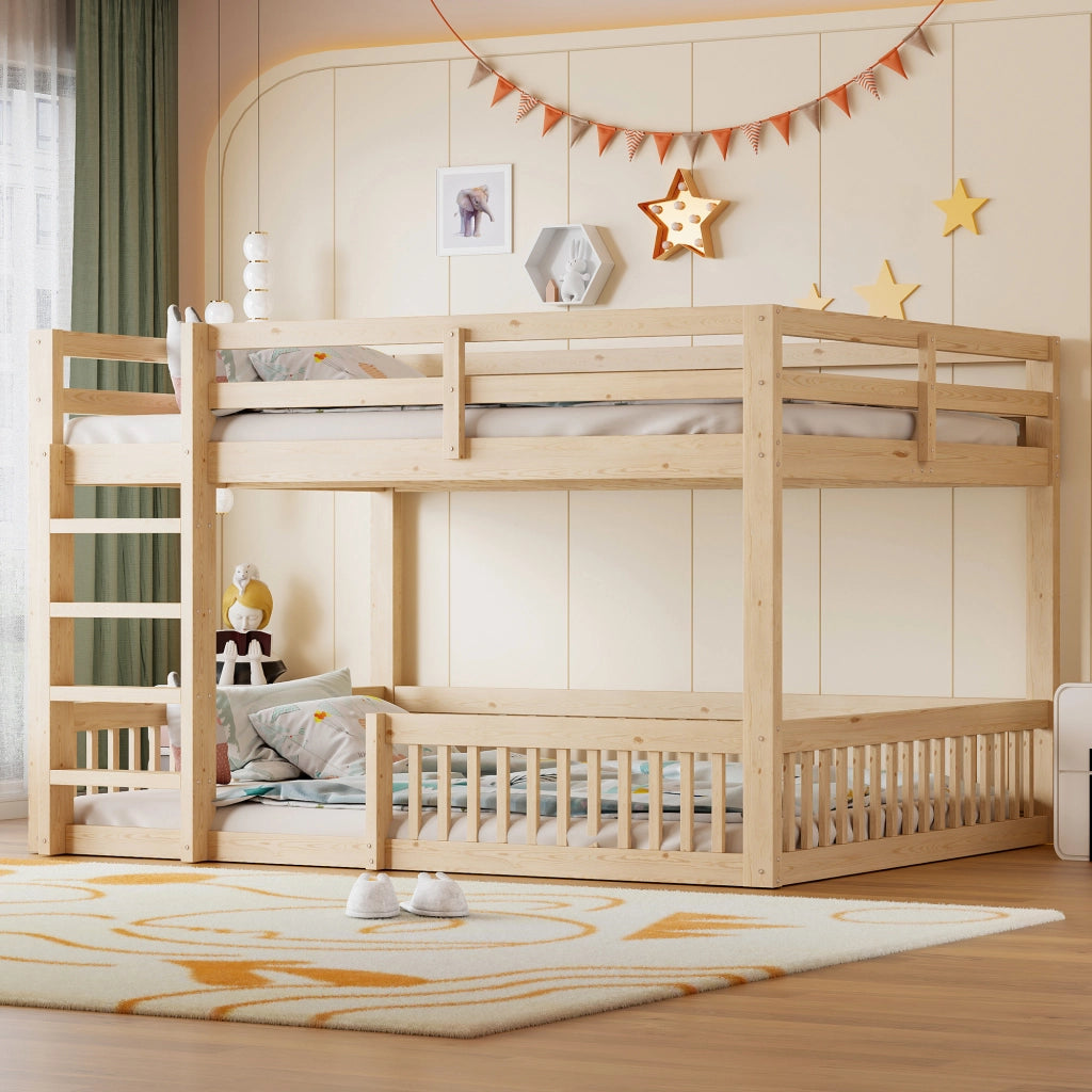 Letto a Castello 160x200 cm; Letto 2 Posti - Sponde di Sicurezza - in MDF e Legno Massiccio - Naturale
