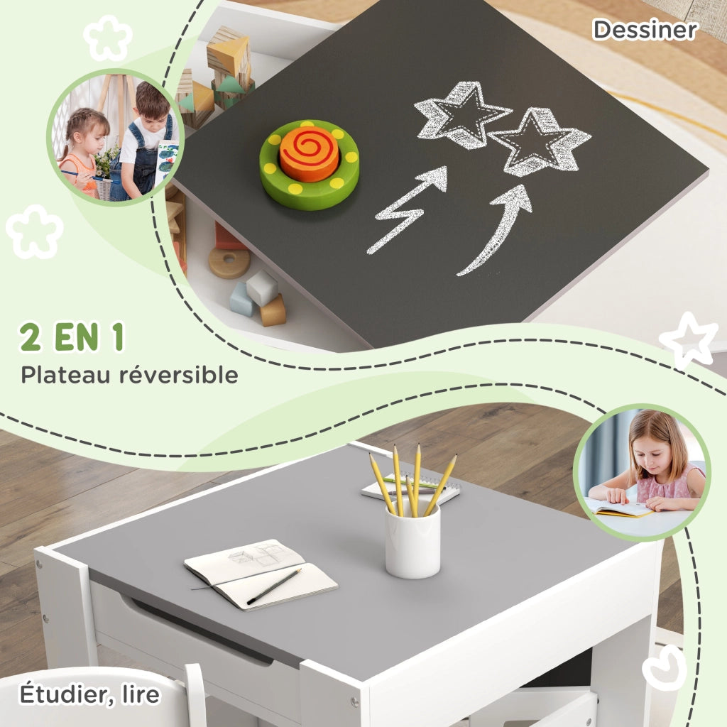 Set tavolo e sedie bambini con piano lavagna, scaffale e cestino ¨C zephmum ¨C Bianco