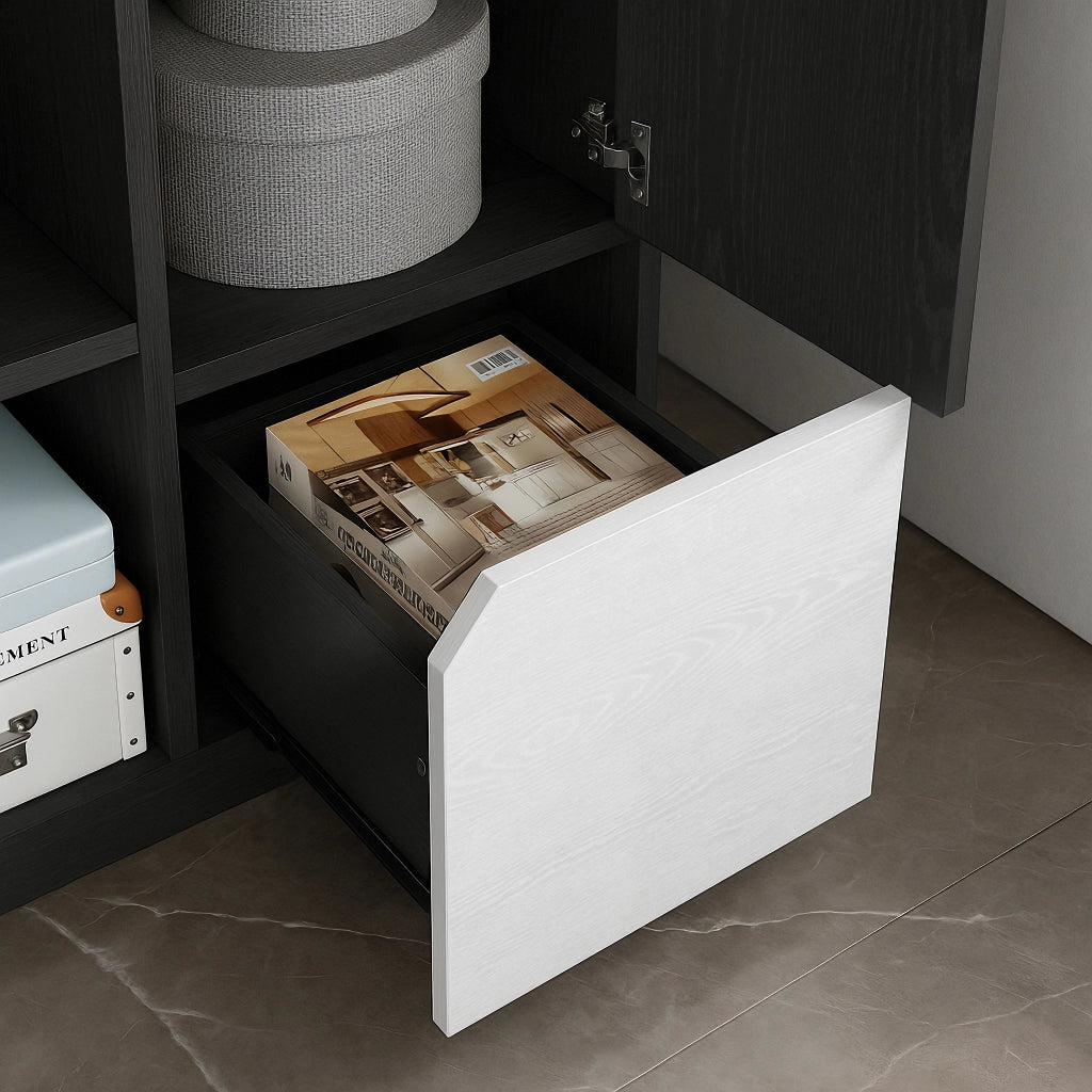 Libreria moderna con vano aperto, ante e cassetti in truciolato nero e bianco per casa 60 × 35 × 160 cm