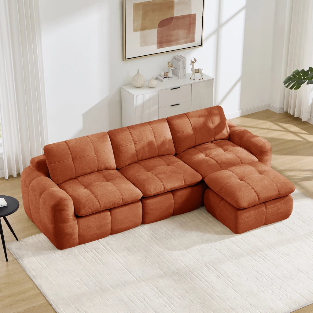 Divano modulare angolare 3 posti senza struttura con pouf in chenille arancione per salotto 264 × 160 × 68 cm