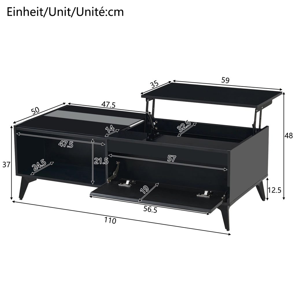 OKWISH Tavolino da Salotto con Piano Sollevabile, Vano Contenitore e Ripiani Aperti, Finitura Lucida, Nero, 110 x 50 x 48 cm