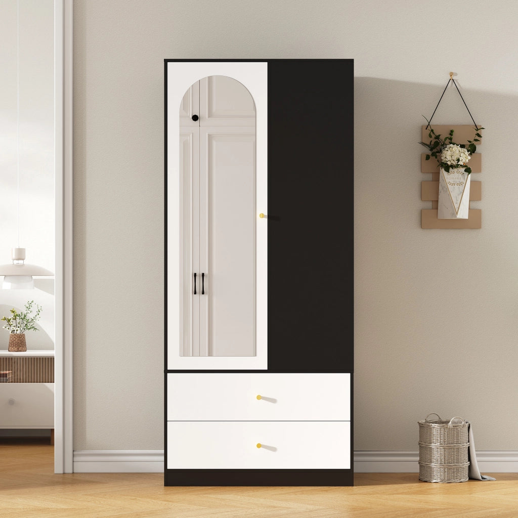 Armadio moderno con specchio, 1 anta, 2 cassetti e 4 ripiani, 80x40x180 cm, Bianco/Nero