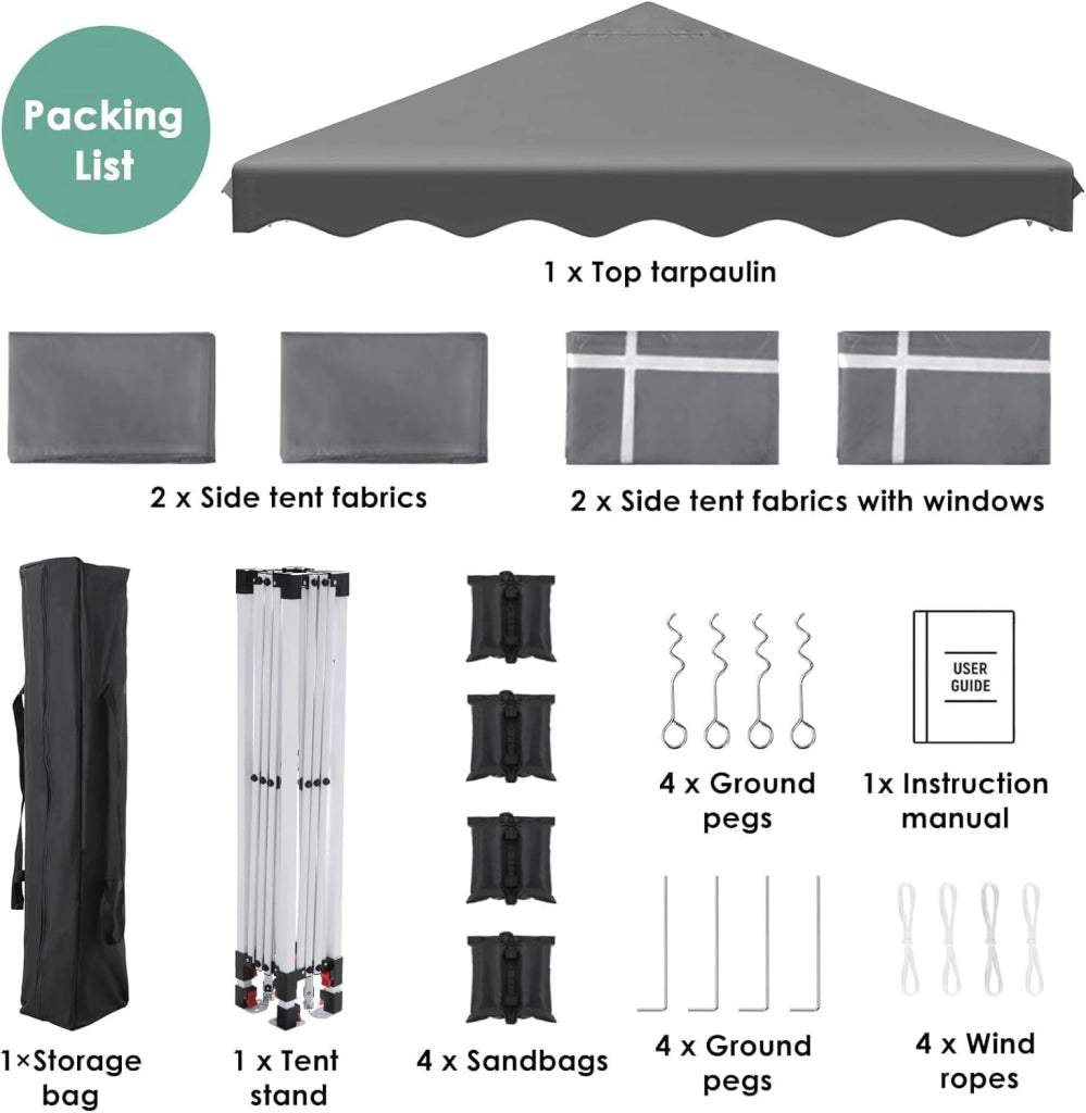 Gazebo 3x3, Tenda de Giardino, Gazebi Pieghevole con Oxford 420D, Pergola Impermeabile, Fête Tente Regolabile in Altezza, Protezione UV 50+, per Spiaggia, Cortile, Giardino, Grigio Scuro