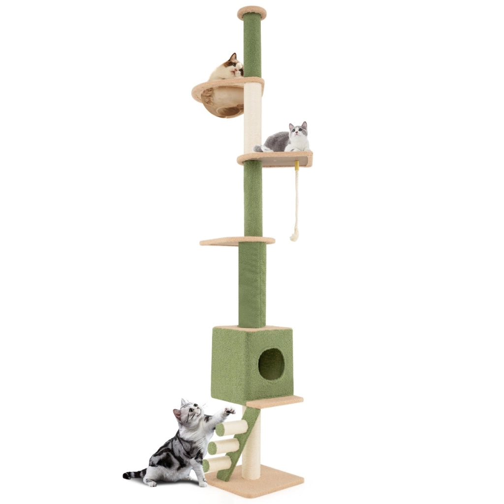 Albero per gatti da pavimento a soffitto con altezza regolabile 218-253cm, Centro attivit¨¤ con 5 livelli per gatti Verde-Alberi Tiragraffi