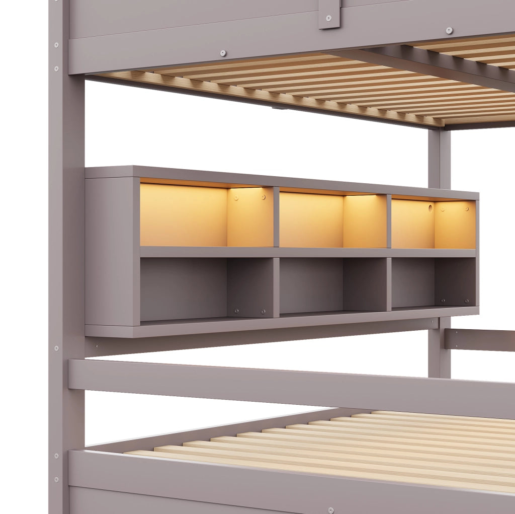Letto a castello 160x200 cm in pino e MDF con 6 vani contenitori e luce LED; marrone
