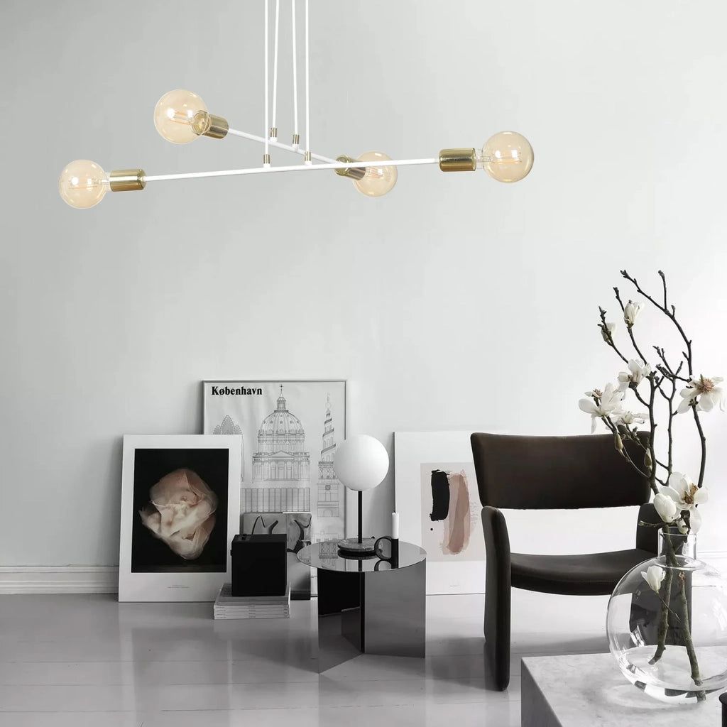 Lampadario Industrial 4 Luci Benzaiten A Bracci In Acciaio Bianco E Oro