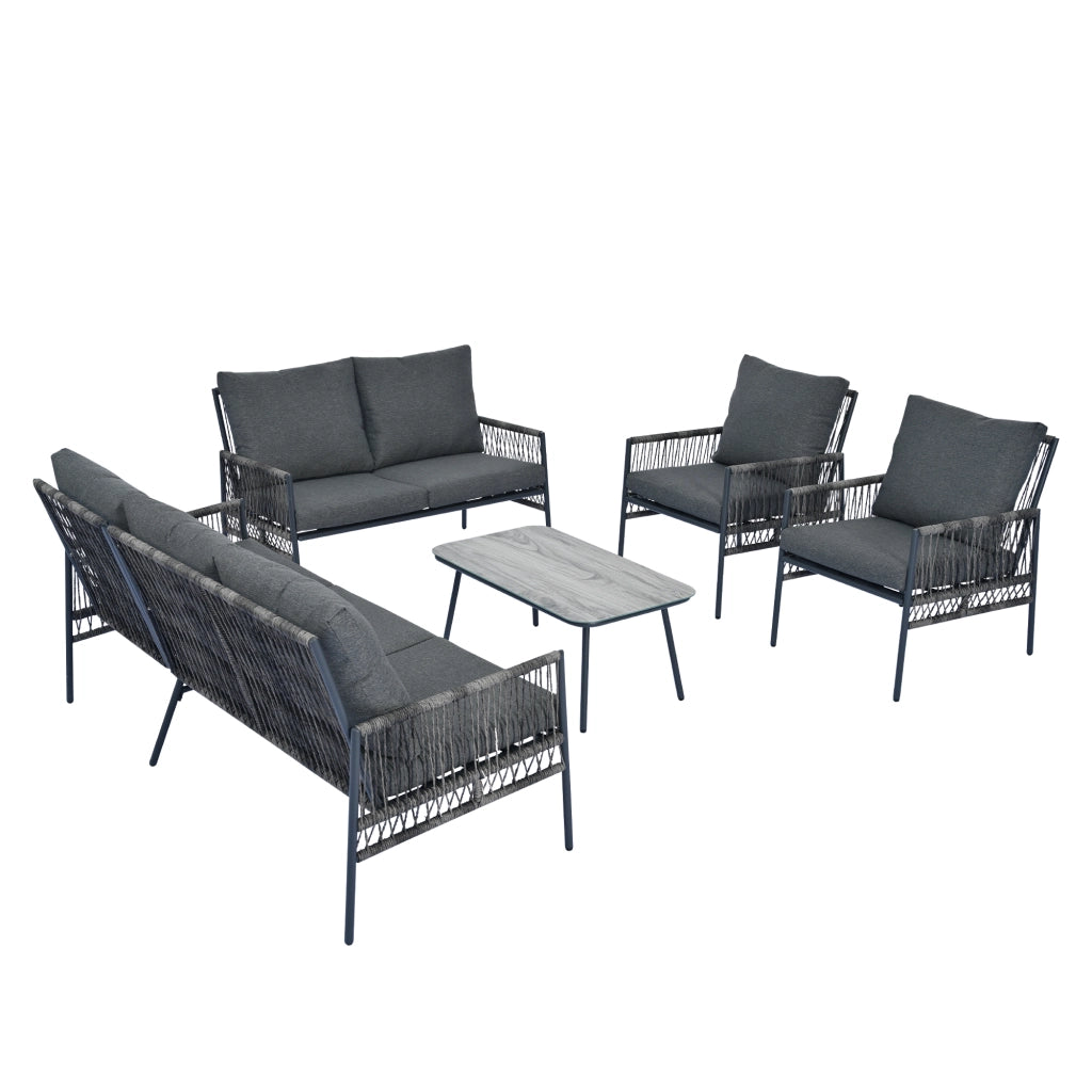 Set Divano da Giardino 7 Posti con Tavolino ¨C MINIMAL ¨C Polyrattan Grigio, Vetro, Cuscini Rimovibili