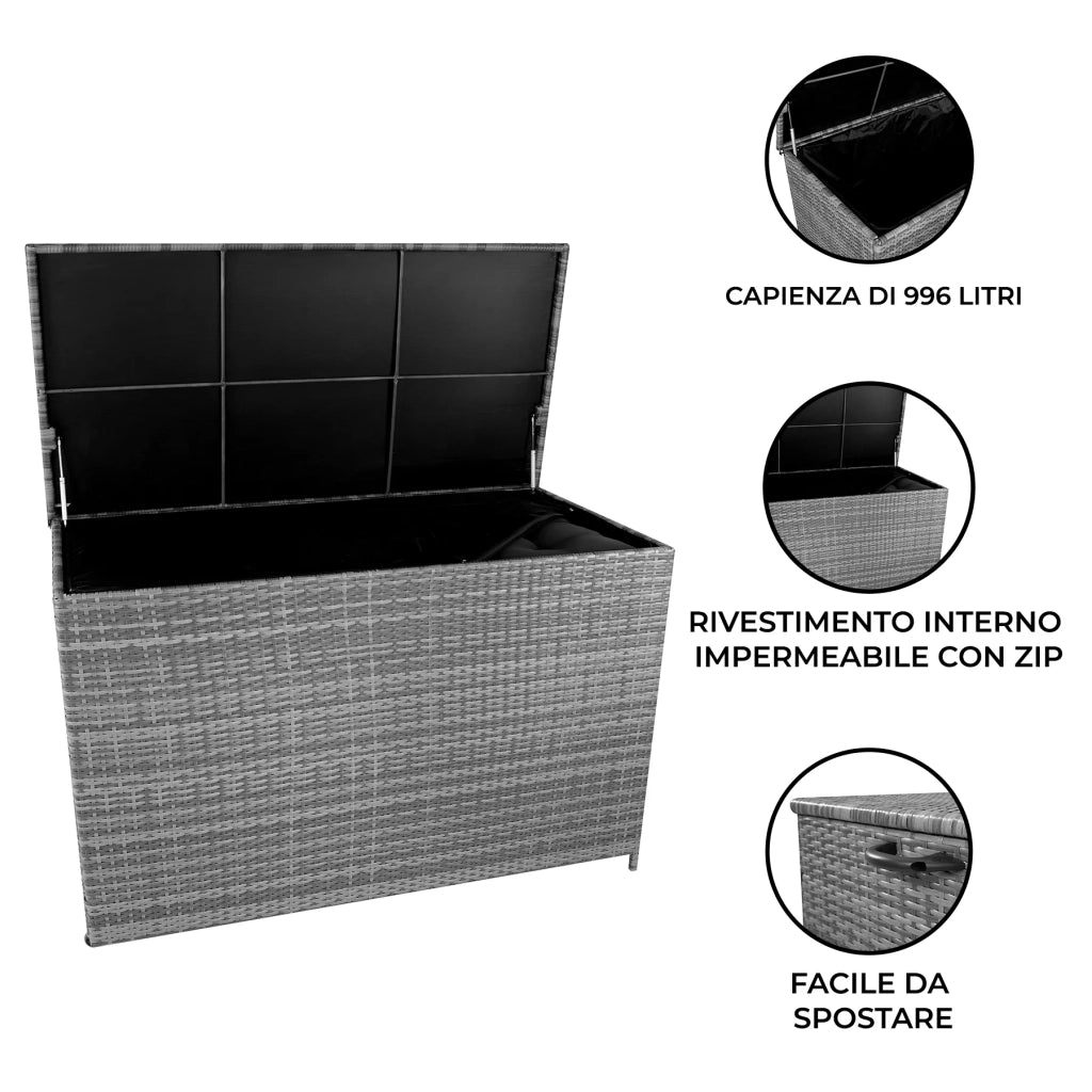 Box Contenitore Rattan Giardino 996L Grigio Baule Grande con Rivestimento
