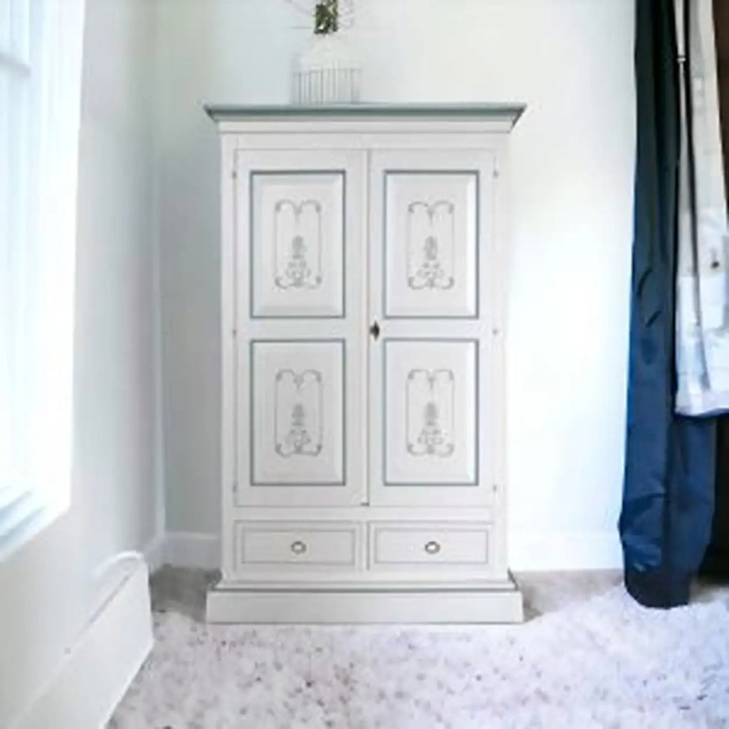 Armadio in legno Shabby chic bianco decorazione filo azzurro