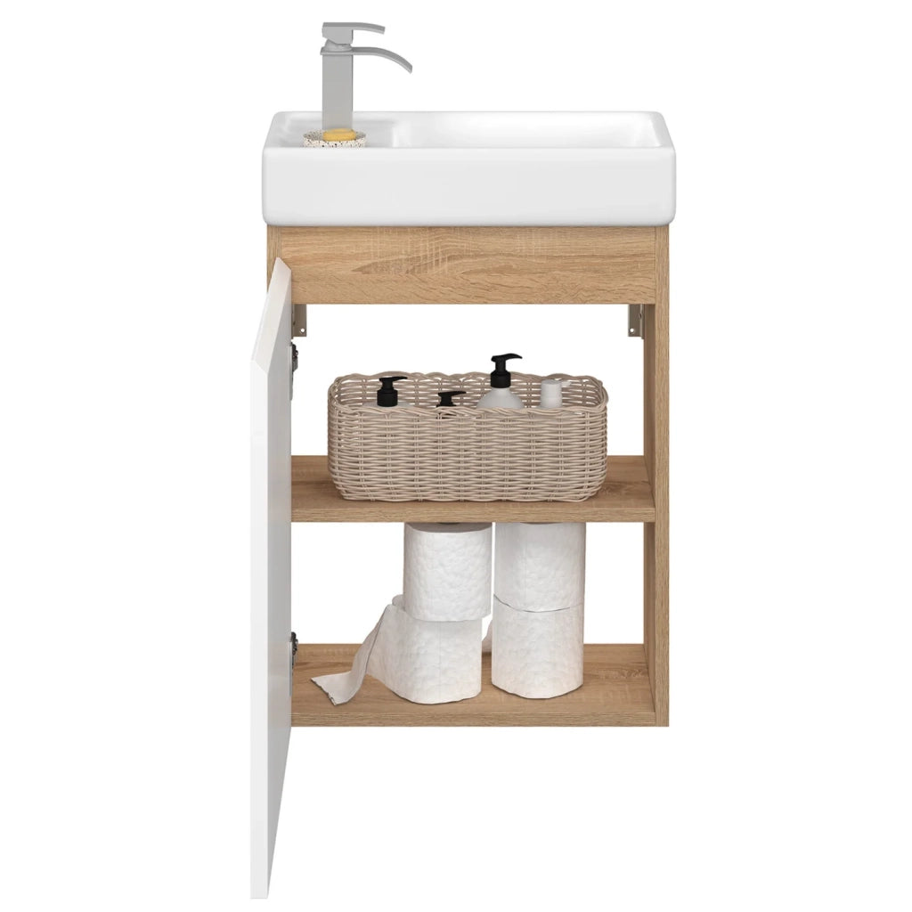IDMarket - TOMI Mobile lavabo sospeso a 1 anta in faggio e bianco con lavabo in ceramica bianca
