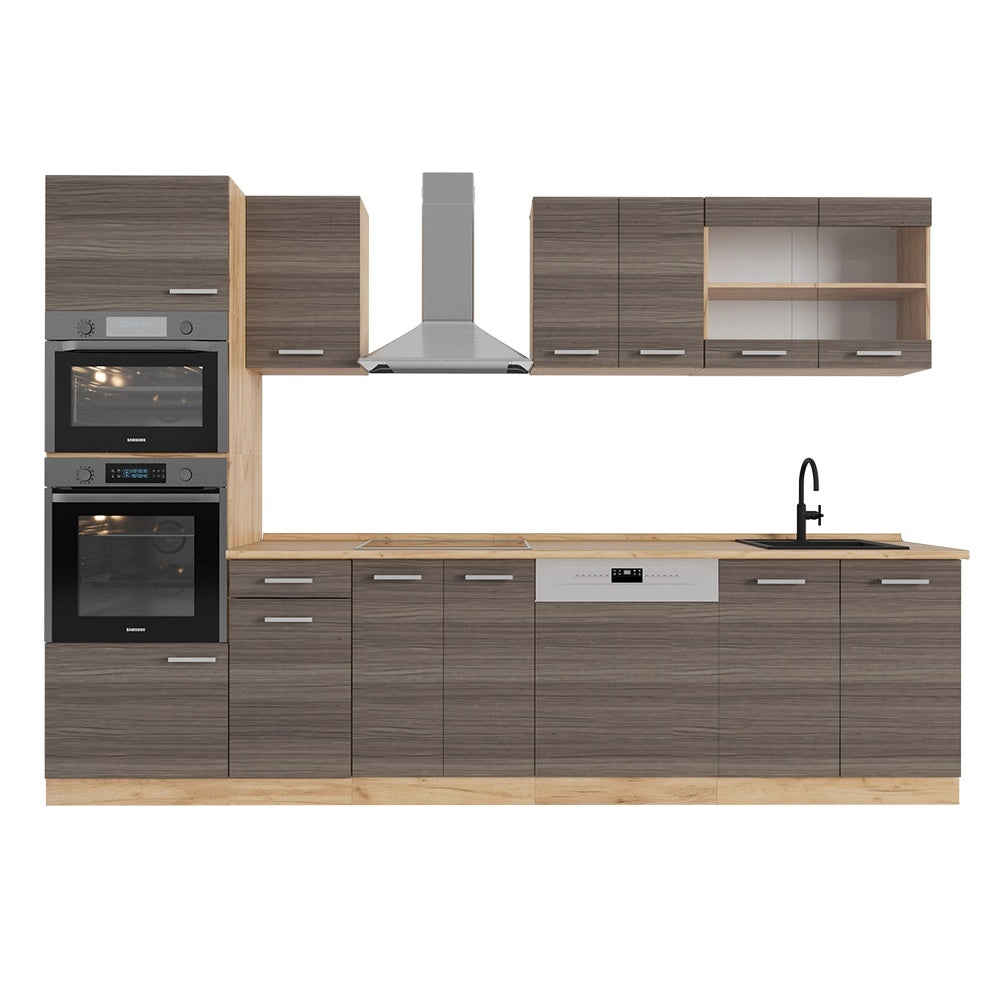 Vicco Cucina componibile Grigio nobile/rovere dorato 300 cm con armadio alto, senza piano di lavoro