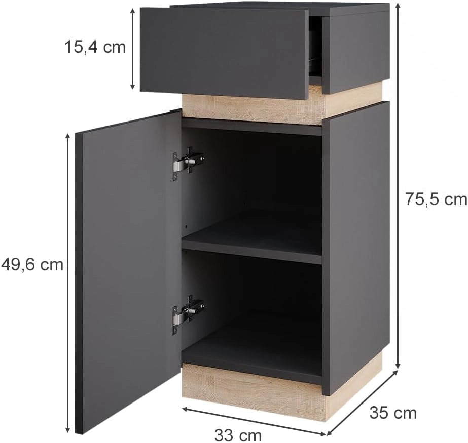 Mobiletto bagno Gloria, Antracite, 33 x 75.5 cm con anta e cassetto, con apertura per sifone e compatibile con la serie Gloria
