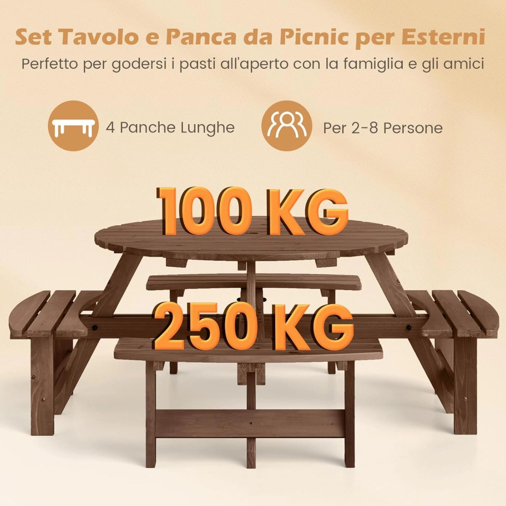 Set Tavolo da Giardino con 4 Panche Integrate, Legno Massiccio, con Foro Ombrellone, per 4-8 Persone, Tavolo Rotondo da Picnic per Esterno, Ogni Panca Porta 250 kg (Marrone, 179 x 179 x 70 cm)