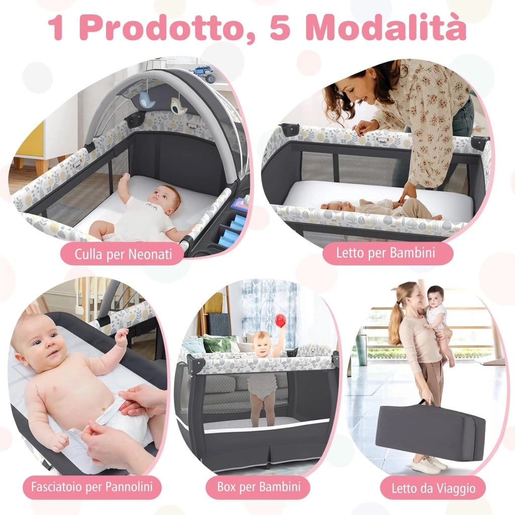 4 in 1 Lettino Neonato con Materasso, Culla da Campeggio con Fasciatoio Cappottina Regolabile, Ruote Bloccabili, Box Piechevole per Bambini 0-36 Mesi (Foglie)