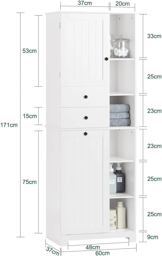 Mobile Bagno con Cesto per Linge Mobile Rangemento Alto Armadio Bagno con 6 Ripiani e 2 Cassetti Mobiletto Salvaspazio Bianco 60x37x171 cm BZR104-W