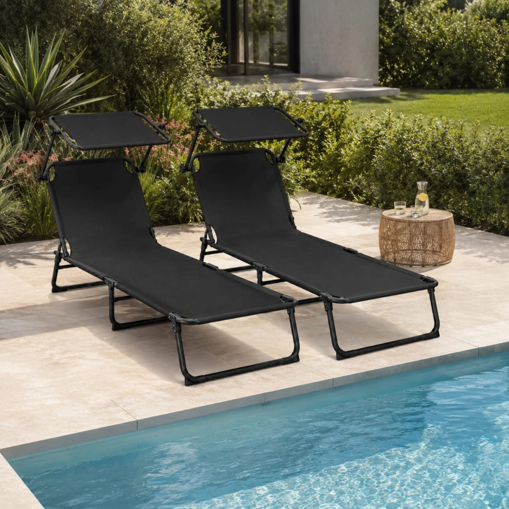 Set 2 Lettini Mare Pieghevoli Struttura In Acciaio Traspirante Con Schienale Reclinabile E Tettuccio Parasole Regolabile Ideali Per Spiaggia Giardino Campeggio Relax Estivo 24 X 187 X 53 Cm Nero