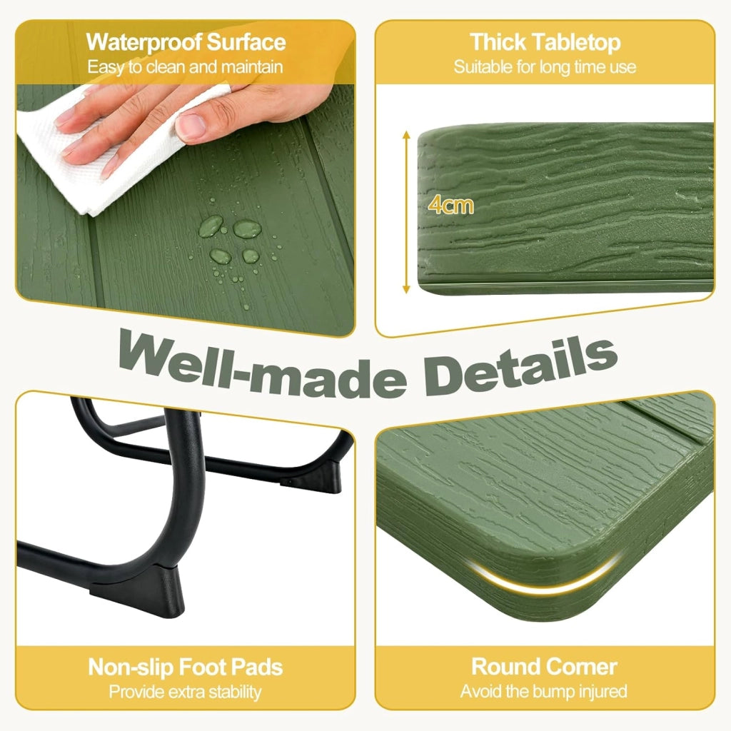 Set di tavolo da picnic per 8 persone, tavolo quadrato e 4 panche in HDPE, con foro per ombrellone, texture simile al legno, per giardino, patio (verde)