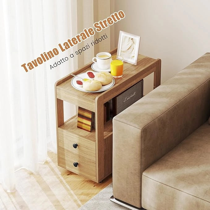 Tavolino da Salotto, Tavolino Moderno Laterale a 2 Cassetti con Ripiani Aperti e Ruote Universali Bloccabili, Tavolo Stretto per Soggiorno, Camera da Letto e Ufficio (Naturale)