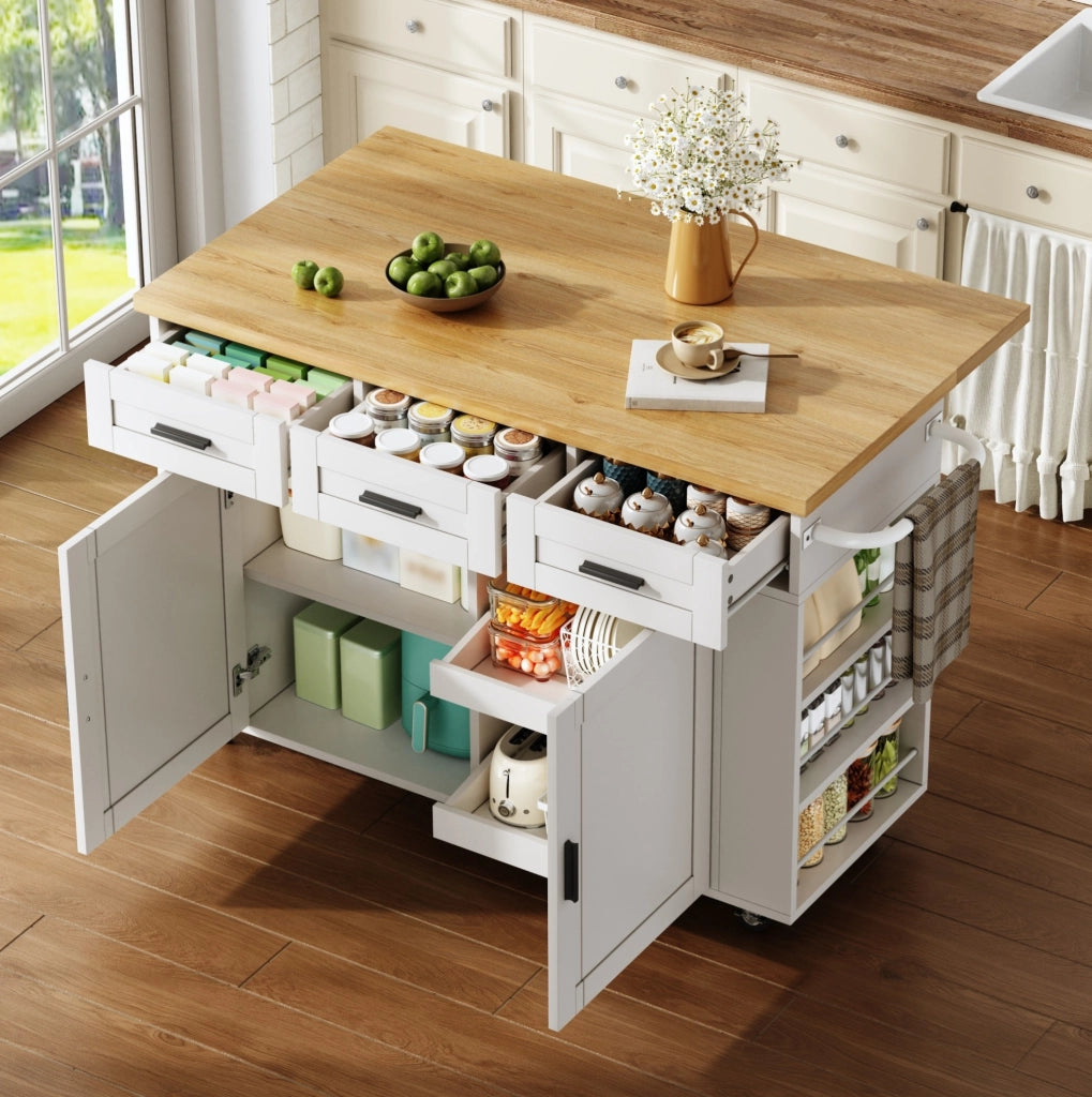 Isola da cucina con piano ribaltabile 120x45(70)x84 cm in MDF natural e bianco