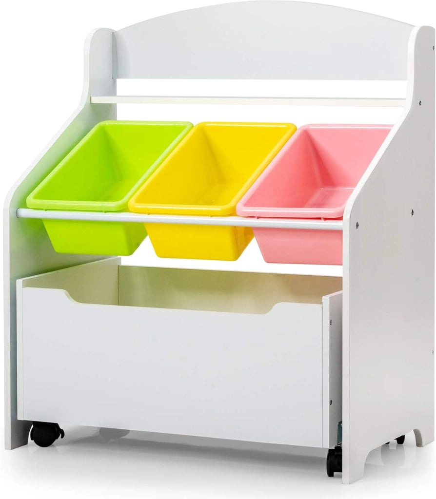 Scaffale Porta Giocattoli per Bambini in Legno con Contenitore e 3 Vassoi, Mobiletto Multiuso per Bambini con Ruote,Cesto Portaoggetti per Camera dei Bambini, 76 x 38 x 63,5 cm (bianco)