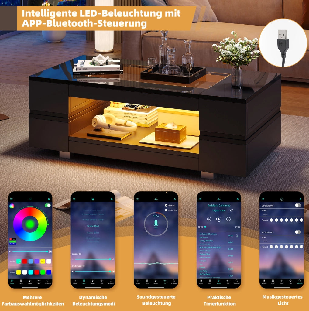 Tavolino da caffè LED nero 100x50x35 cm con app; vetro temperato e doppio ripiano