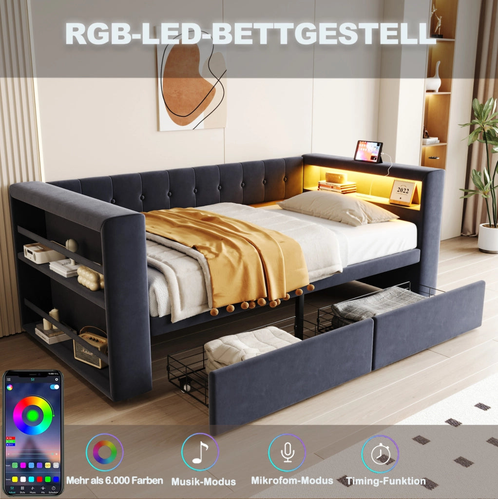 Divano letto multifunzionale 90x190 cm con LED; prese e contenitore; grigio scuro